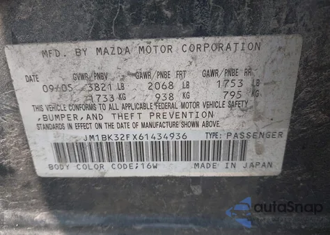 2006 Mazda Mazda3 I from USA, damaged, VIN JM1BK32FX61434936